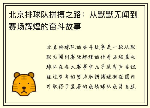 北京排球队拼搏之路：从默默无闻到赛场辉煌的奋斗故事