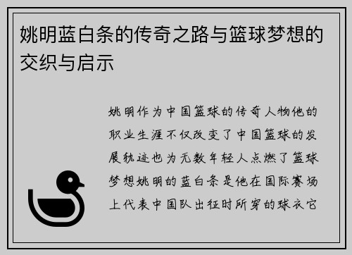 姚明蓝白条的传奇之路与篮球梦想的交织与启示