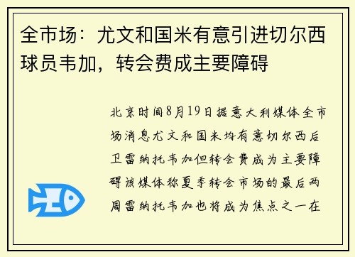 全市场：尤文和国米有意引进切尔西球员韦加，转会费成主要障碍
