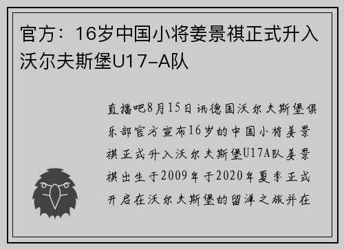 官方：16岁中国小将姜景祺正式升入沃尔夫斯堡U17-A队