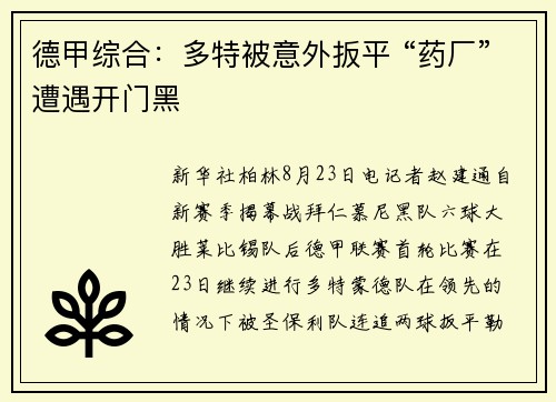 德甲综合：多特被意外扳平 “药厂”遭遇开门黑